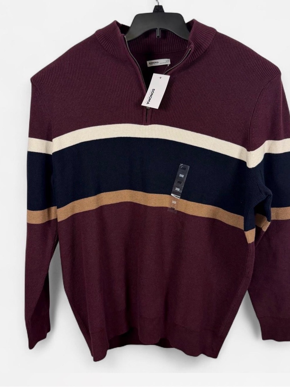 NWT Sonoma Men's Burgundy Zip-Up Sweater with Navy, Cream & Tan Stripes 3XB